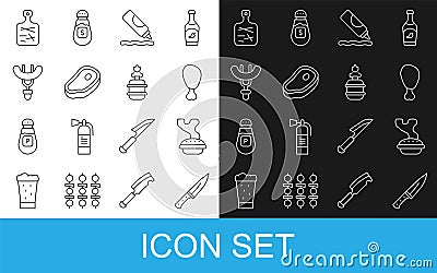 Set line Meat chopper, Homemade pie, Chicken leg, Ketchup bottle, Steak meat, Sausage on the fork, Cutting board and Vector Illustration