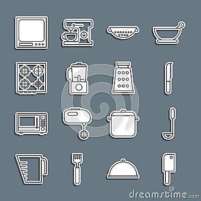 Set line Meat chopper, Kitchen ladle, Bread knife, colander, Blender, Gas stove, Electronic scales and Grater icon Stock Photo