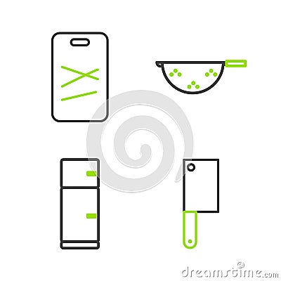 Set line Meat chopper, Refrigerator, Kitchen colander and Cutting board icon. Vector Stock Photo