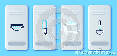 Set line Meat chopper, Toaster with toasts, Kitchen colander and ladle icon. Vector Vector Illustration