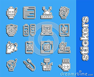 Set line Mechanical robot hand, Robot humanoid driving car, User manual, Robotic arm on factory, Battery, and Creating Vector Illustration