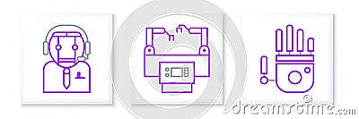 Set line Mechanical robot hand, Worker and Assembly line icon. Vector Vector Illustration