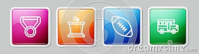 Set line Medal, Stage stand, American football ball and School Bus. Colorful square button. Vector Vector Illustration