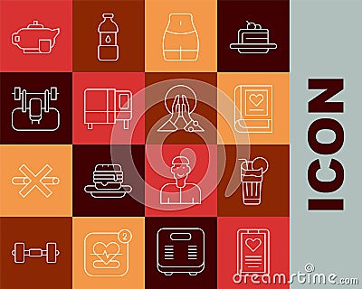 Set line Medical clipboard, Fresh smoothie, book, Women waist, Bed, Bench with barbel, Teapot cup and Meditation icon Stock Photo