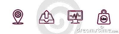 Set line Medical location with cross, Monitor cardiogram, Upload inbox and Weight pounds icon. Vector Stock Photo