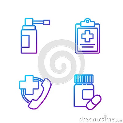 Set line Medicine bottle and pills, Emergency phone call to hospital, Medical bottle with nozzle spray and Medical Vector Illustration