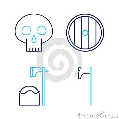 Set line Medieval axe, Executioner in tree block, Round wooden shield and Skull icon. Vector Vector Illustration