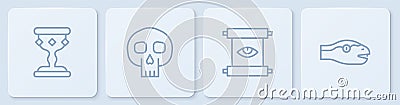 Set line Medieval goblet, Ancient magic scroll, Skull and Snake. White square button. Vector Vector Illustration
