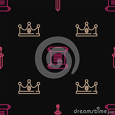 Set line Medieval sword, King crown and Decree, parchment, scroll on seamless pattern. Vector Vector Illustration