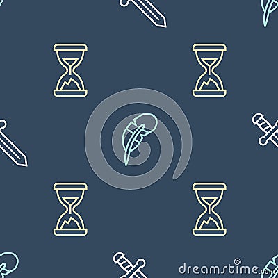 Set line Medieval sword, Old hourglass with sand and Feather pen on seamless pattern. Vector Vector Illustration