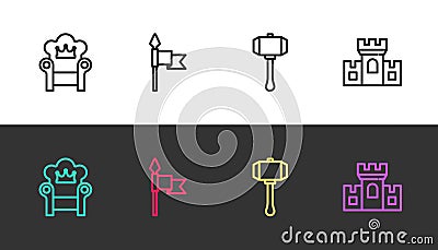 Set line Medieval throne, spear, Hammer and Castle, fortress on black and white. Vector Stock Photo