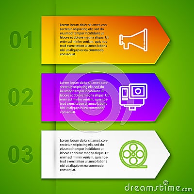Set line Megaphone, Action extreme camera, Film reel and Paper glass with water. Business infographic template. Vector Vector Illustration