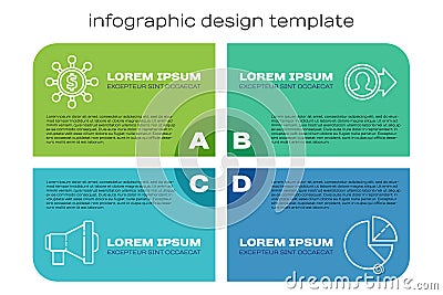 Set line Megaphone, Dollar, share, network, Pie chart infographic and Job promotion. Business infographic template Vector Illustration