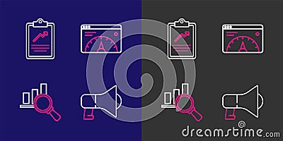 Set line Megaphone, Magnifying glass and analysis, Website statistic and Clipboard with graph chart icon. Vector Stock Photo