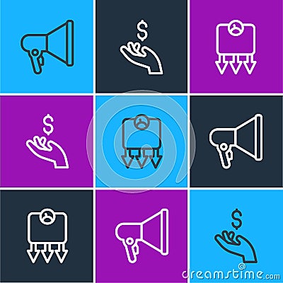 Set line Megaphone, Weight loss and Hand holding coin money icon. Vector Vector Illustration
