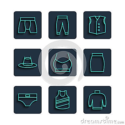 Set line Men underpants, Undershirt, Sweater, Waistcoat, Female crop top, Man hat, and Skirt icon. Vector Vector Illustration