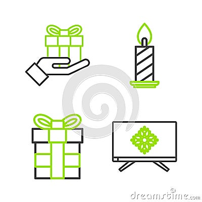 Set line Merry Christmas on television, Gift box, Burning candle in candlestick and hand icon. Vector Vector Illustration