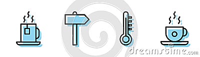 Set line Meteorology thermometer, Cup of tea with tea bag, Road traffic signpost and Coffee cup icon. Vector Vector Illustration