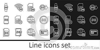 Set line Micro Sim Card, 5G network, card rejected, Mobile with, Smart watch, and icon. Vector Vector Illustration