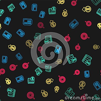 Set line Micro Sim Card, Server 5G network, and Antenna on seamless pattern. Vector Vector Illustration