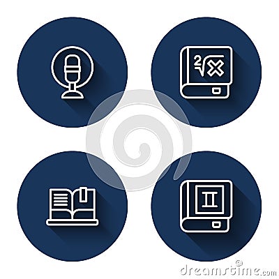 Set line Microphone, Book with mathematics, Open book and with long shadow. Blue circle button. Vector Vector Illustration