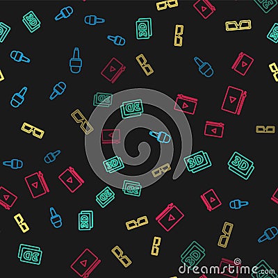Set line Microphone, 3D word, cinema glasses and Online play video on seamless pattern. Vector Vector Illustration