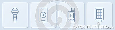 Set line Microphone, Light meter, Online play video and Softbox light. White square button. Vector Vector Illustration