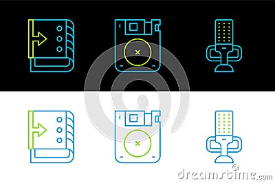 Set line Microphone, Sound mixer controller and Floppy disk icon. Vector Vector Illustration