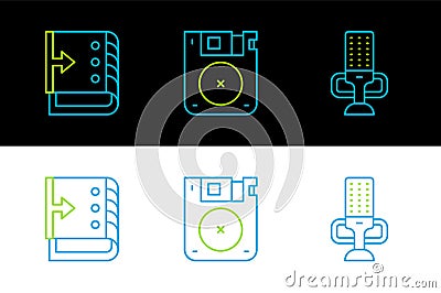Set line Microphone, Sound mixer controller and Floppy disk icon. Vector Vector Illustration