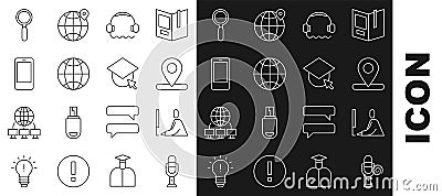 Set line Microphone, Student working at laptop, Location, Headphones, Social network, Mobile, Magnifying glass and Vector Illustration