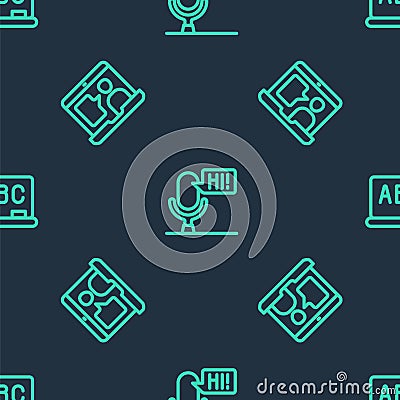 Set line Microphone voice device, Foreign language online study and Chalkboard on seamless pattern. Vector Stock Photo