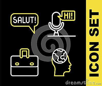 Set line Microphone voice device, Learning foreign languages, Briefcase and Salut different icon. Vector Vector Illustration