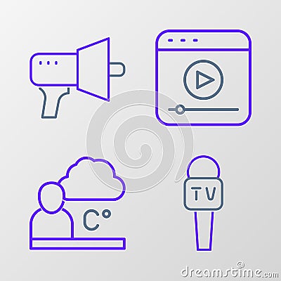 Set line Microphone, Weather forecast, Live stream and Megaphone icon. Vector Vector Illustration