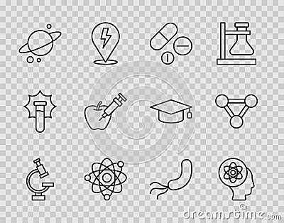 Set line Microscope, Atom, Medicine pill or tablet, Planet Saturn, Genetically modified apple, Bacteria and Molecule Stock Photo