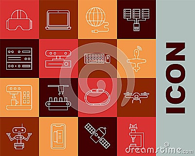 Set line Microscope, Drone flying, UAV, Social network, Motion sensor, Server, Data, Web Hosting, Virtual reality Vector Illustration