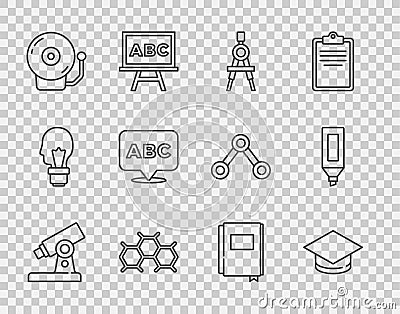 Set line Microscope, Graduation cap, Drawing compass, Chemical formula, Ringing alarm bell, Alphabet, Book and Marker Stock Photo