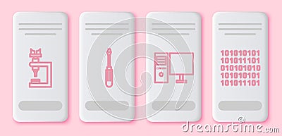Set line Microscope, Screwdriver, Computer monitor and Binary code. White rectangle button. Vector Vector Illustration