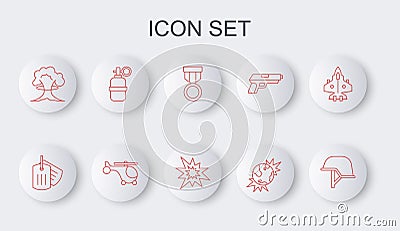 Set line Military helmet, dog tag, reward medal, Bomb explosive planet earth, Nuclear explosion, Hand grenade Vector Illustration