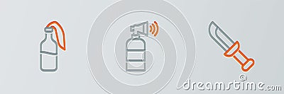 Set line Military knife, Cocktail molotov and Air horn icon. Vector Vector Illustration