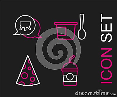 Set line Milkshake, Cheese, Yogurt container with spoon and Udder icon. Vector Stock Photo