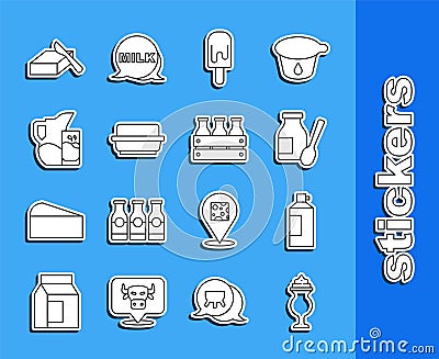 Set line Milkshake, Whipped cream in bottle, Drinking yogurt, Ice, Butter butter dish, jug or pitcher and glass, and Stock Photo