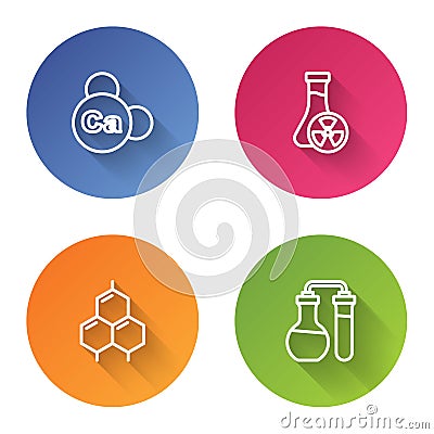 Set line Mineral Ca Calcium, Test tube with toxic liquid, Chemical formula and . Color circle button. Vector Vector Illustration