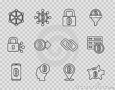 Set line Mining bitcoin from mobile, Piggy bank, Lock with, Bitcoin think, Blockchain technology, and Server icon Vector Illustration