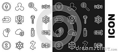 Set line Mining farm, Blockchain technology Bitcoin, Magnifying glass with, Monitor and Cryptocurrency Ethereum ETH Vector Illustration