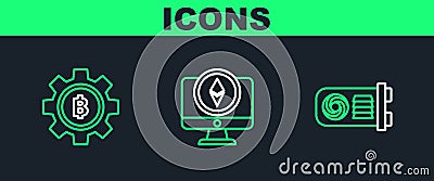Set line Mining farm, Cryptocurrency coin Bitcoin and Monitor and Ethereum ETH icon. Vector Editorial Stock Photo