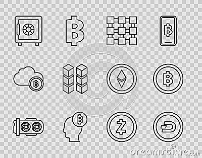 Set line Mining farm, Cryptocurrency coin Dash, Blockchain technology, Bitcoin think, Safe, Zcash ZEC and icon. Vector Vector Illustration