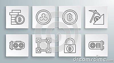 Set line Mining farm, Cryptocurrency coin Ripple XRP, Blockchain technology, Lock with bitcoin, Bitcoin, cloud mining Stock Photo