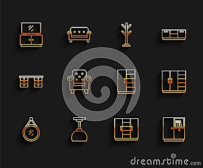 Set line Mirror, Lamp hanging, TV table stand, Wardrobe, Armchair, and icon. Vector Vector Illustration