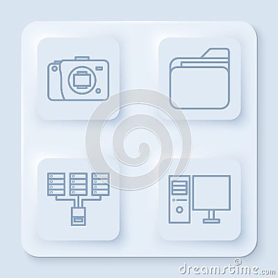 Set line Mirrorless camera, Document folder, Server, Data, Web Hosting and Computer monitor. White square button. Vector Vector Illustration