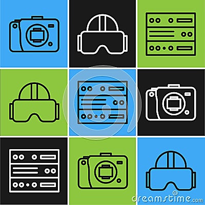 Set line Mirrorless camera, Server, Data, Web Hosting and Virtual reality glasses icon. Vector Vector Illustration
